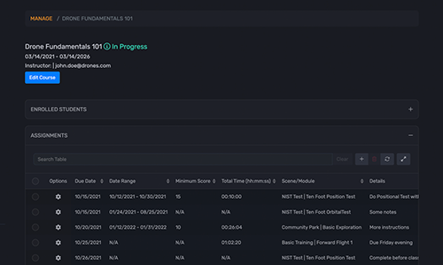 Zephyr learning management system showing course and student overview