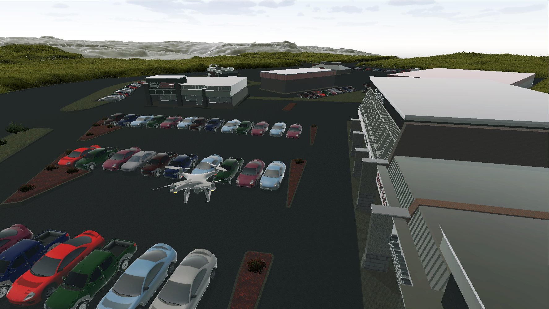 Parking lot training scenario with vehicles and structures